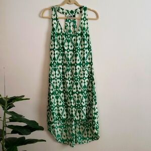 Kavu green and cream racerback high low dress, diamond print women's size small